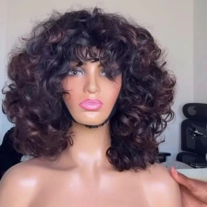 Put On & Go Voluminous Breeny Brown Curly Bob Wig With Bangs