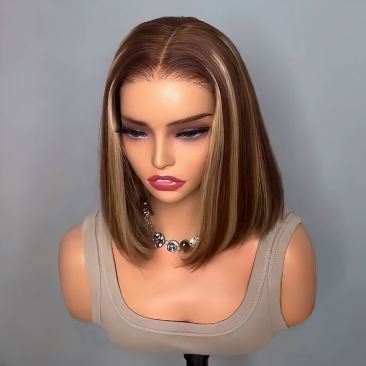Brown With Blonde Highlight Straight Bob Lace Wig