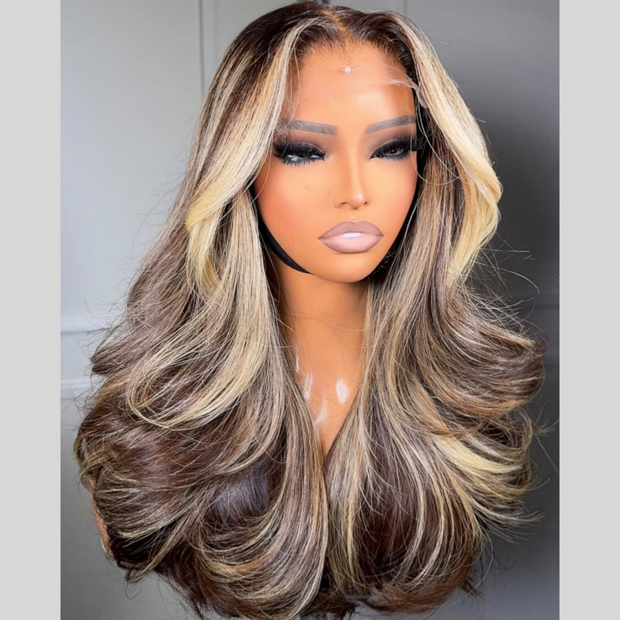 Put On ＆ Go Balayage Blonde Highlight Layered Wavy Lace Closure Wig