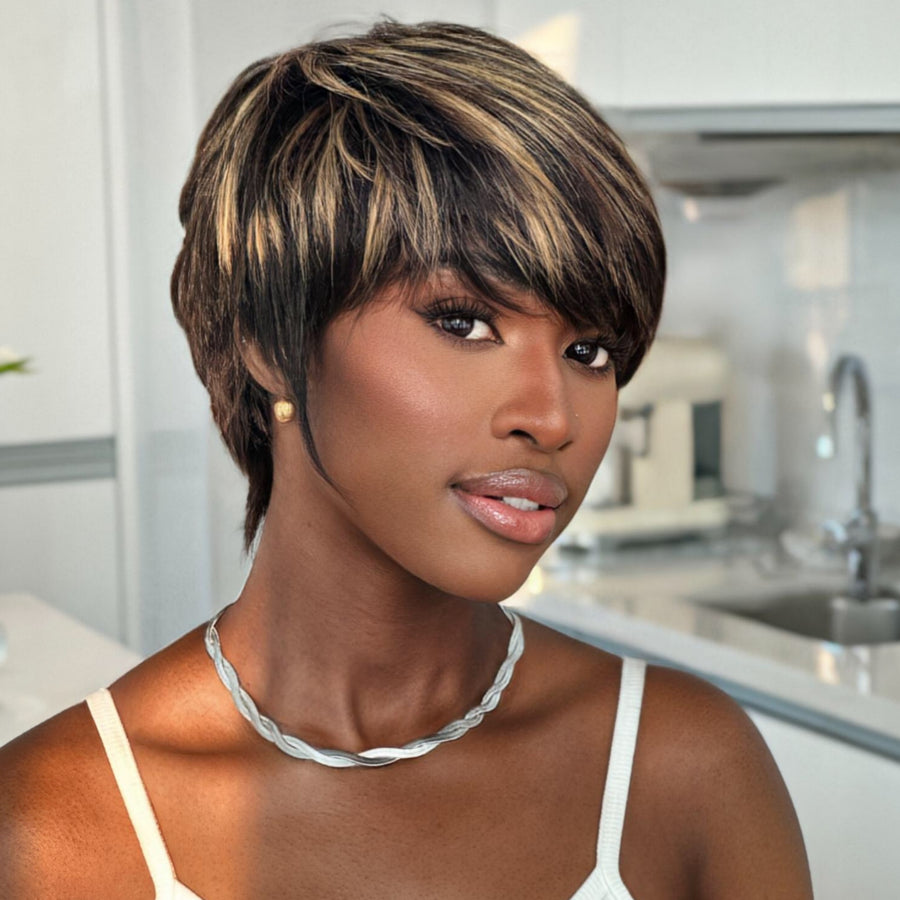 Put On & Go Blonde Highlight Layered Pixie Cut Wig With Bangs
