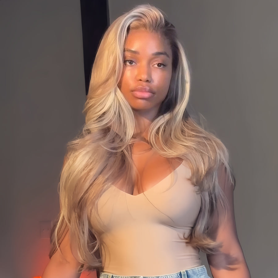 613/Rose Blonde Highlight Body Wave Layered Cut 13x4 Lace Front Wig