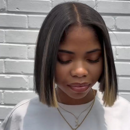 Black With Blonde Highlight Blunt Cut Bob Lace Closure Wig