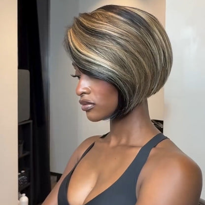 Blonde Highlight With Black Side Parted Bangs 13x4 Lace Frontal Wig