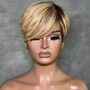Blonde Highlight With Brown Short Pixie Cut Glueless Long Bangs Wig