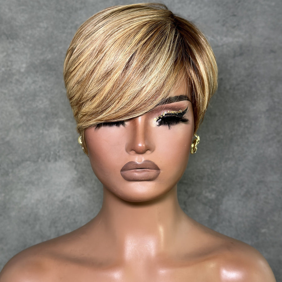 Blonde Highlight With Brown Short Pixie Cut Glueless Long Bangs Wig
