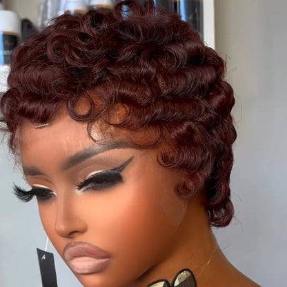 Full Lace Burgundy Finger Wave Short Pixie Human Hair Wig