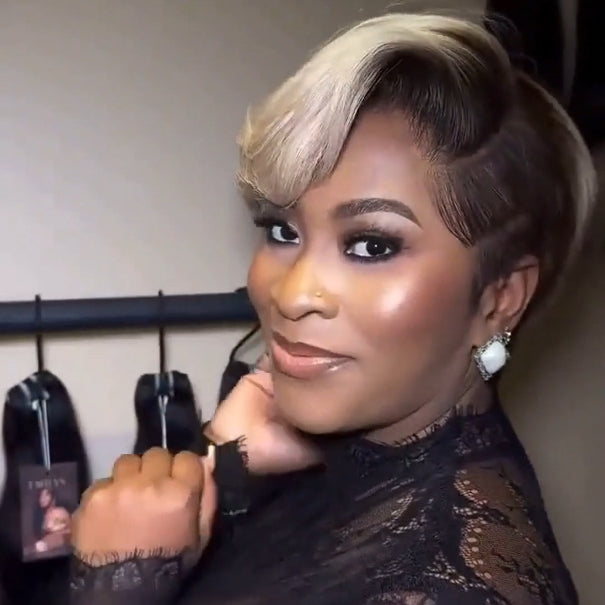 Platinum With Ombre Dark Roots Side parted Pixie Cuts Lace Wig
