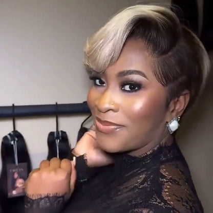 Platinum With Ombre Dark Roots Side parted Pixie Cuts Lace Wig