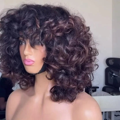 Put On & Go Voluminous Breeny Brown Curly Bob Wig With Bangs
