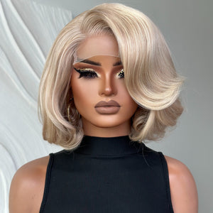 Ash Blonde Highlight Side Part Layered Bob 5x5 Lace Closure Wig