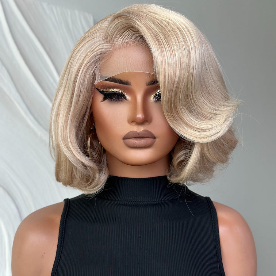 Ash Blonde Highlight Side Part Layered Bob 5x5 Lace Closure Wig