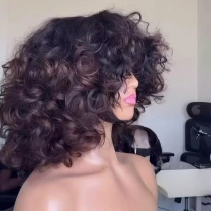 Put On & Go Voluminous Breeny Brown Curly Bob Wig With Bangs
