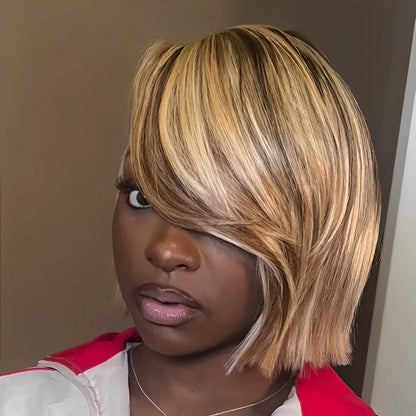 613 Blonde Highlight With Brown Bob 13×4 Lace Frontal Wig with Swoop Bang