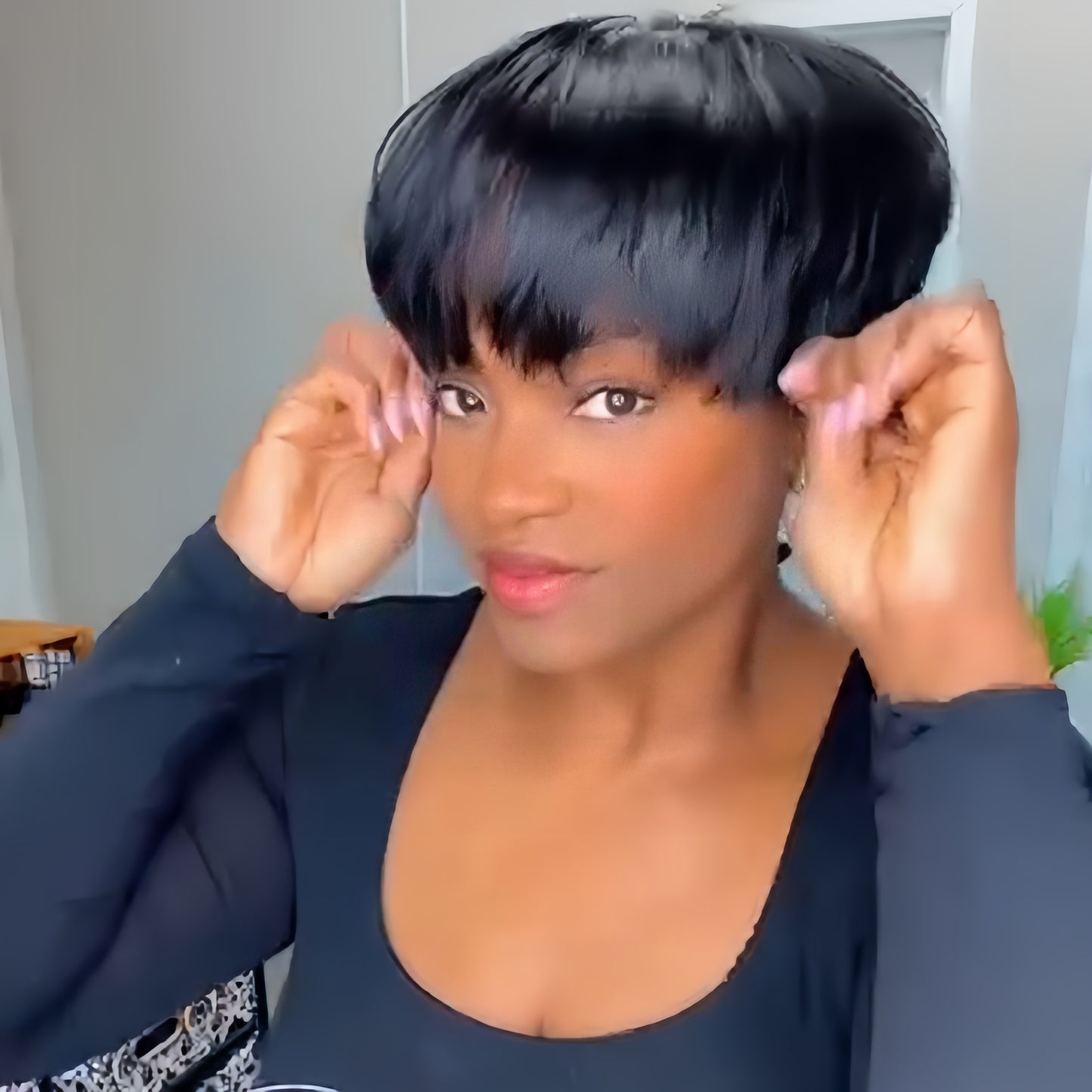 Nature Short Pixie Cut Glueless Human Hair Wig With Bangs