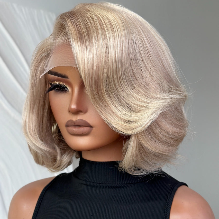 Ash Blonde Highlight Side Part Layered Bob 5x5 Lace Closure Wig