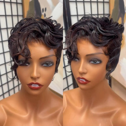 Side Bang Wave Curls Full Lace Short Pixie Cut Wig