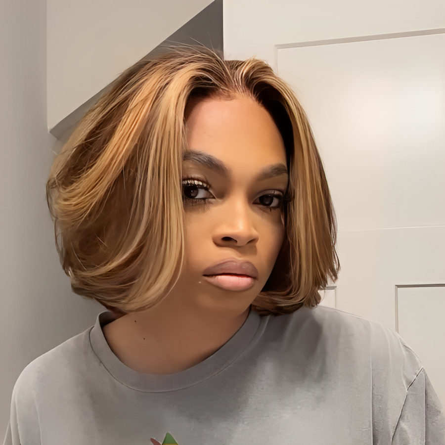 613 Brown With Blonde Highlights Wavy Bob Lace Closure Wig
