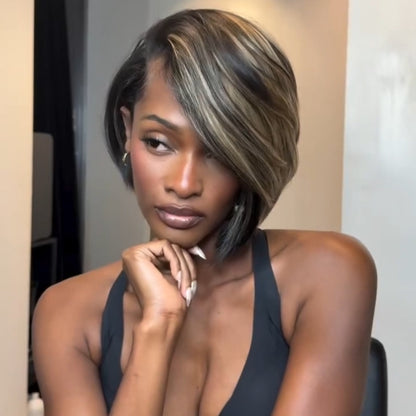 Blonde Highlight With Black Side Parted Bangs 13x4 Lace Frontal Wig