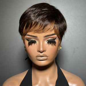 Brown With Blone Highlight Bangs Natural Realistic Glueless Short Pixie Cut Wig