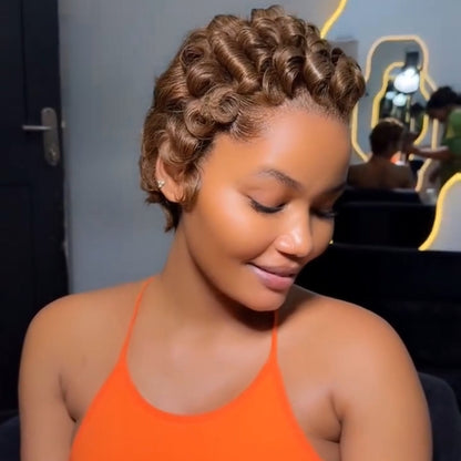 Full Lace Honey Blonde Finger Curly Short Pixie Cut Human Hair Wig