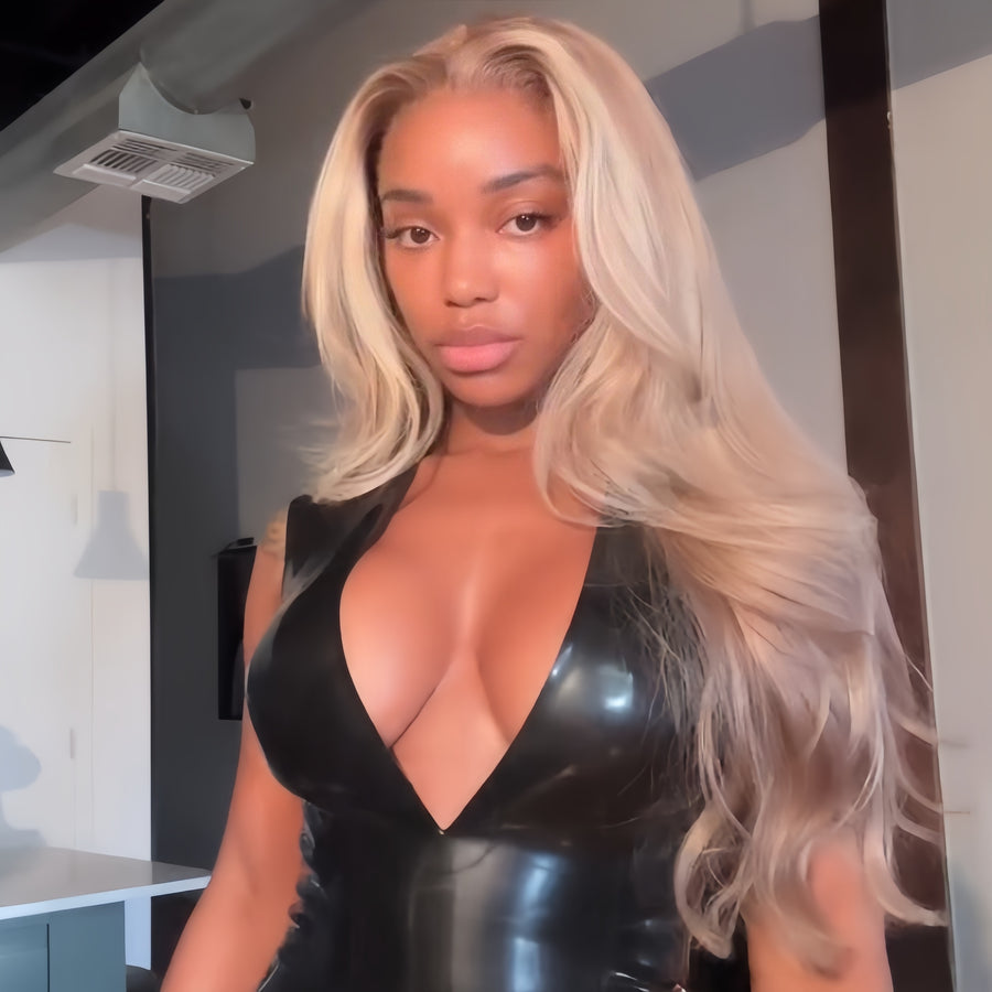 613/Rose Blonde Highlight Body Wave Layered Cut 13x4 Lace Front Wig
