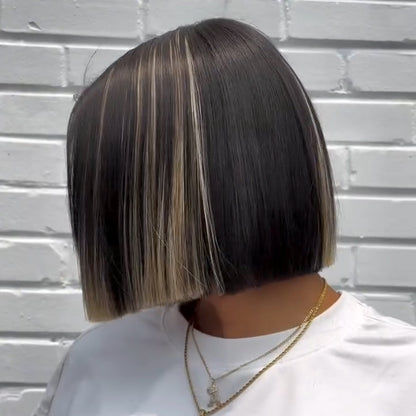 Black With Blonde Highlight Blunt Cut Bob Lace Closure Wig
