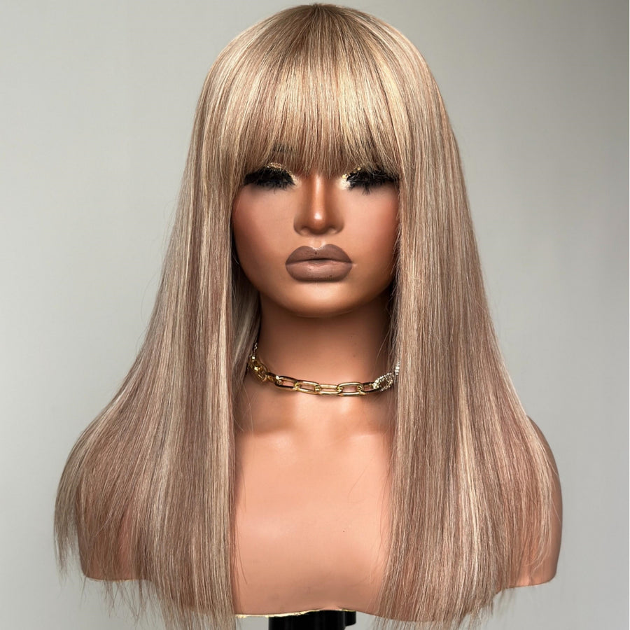 P10/613 Blonde Highlight Straight Glueless Human Hair Wig With Bangs