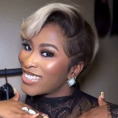 Platinum With Ombre Dark Roots Side parted Pixie Cuts Lace Wig