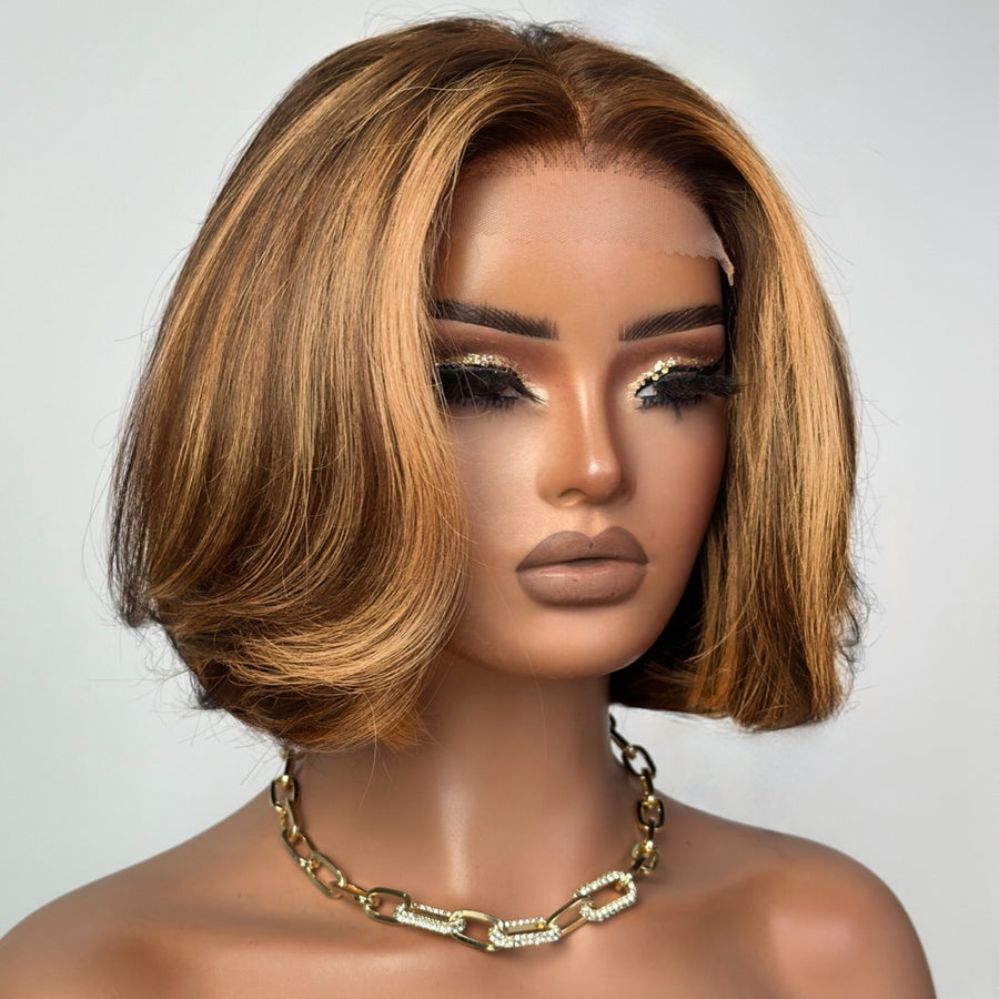 613 Brown With Blonde Highlights Wavy Bob Lace Closure Wig