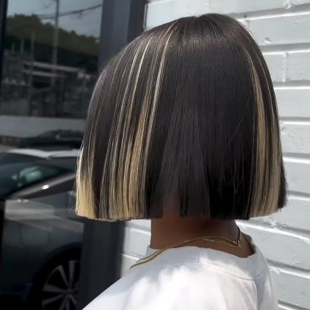 Black With Blonde Highlight Blunt Cut Bob Lace Closure Wig