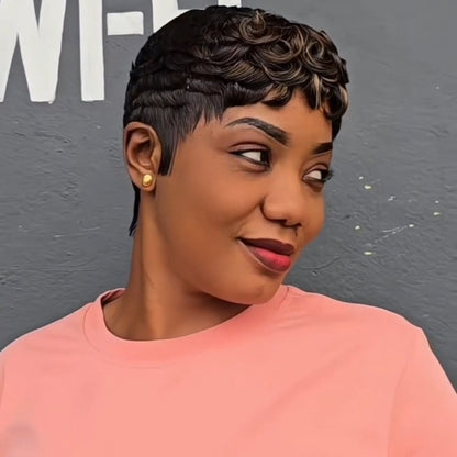 Full Lace Black Blonde Highlight Curly Short Pixie Cut Human Hair Wig