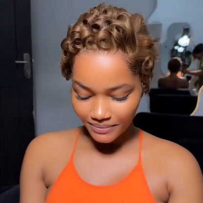 Full Lace Honey Blonde Finger Curly Short Pixie Cut Human Hair Wig