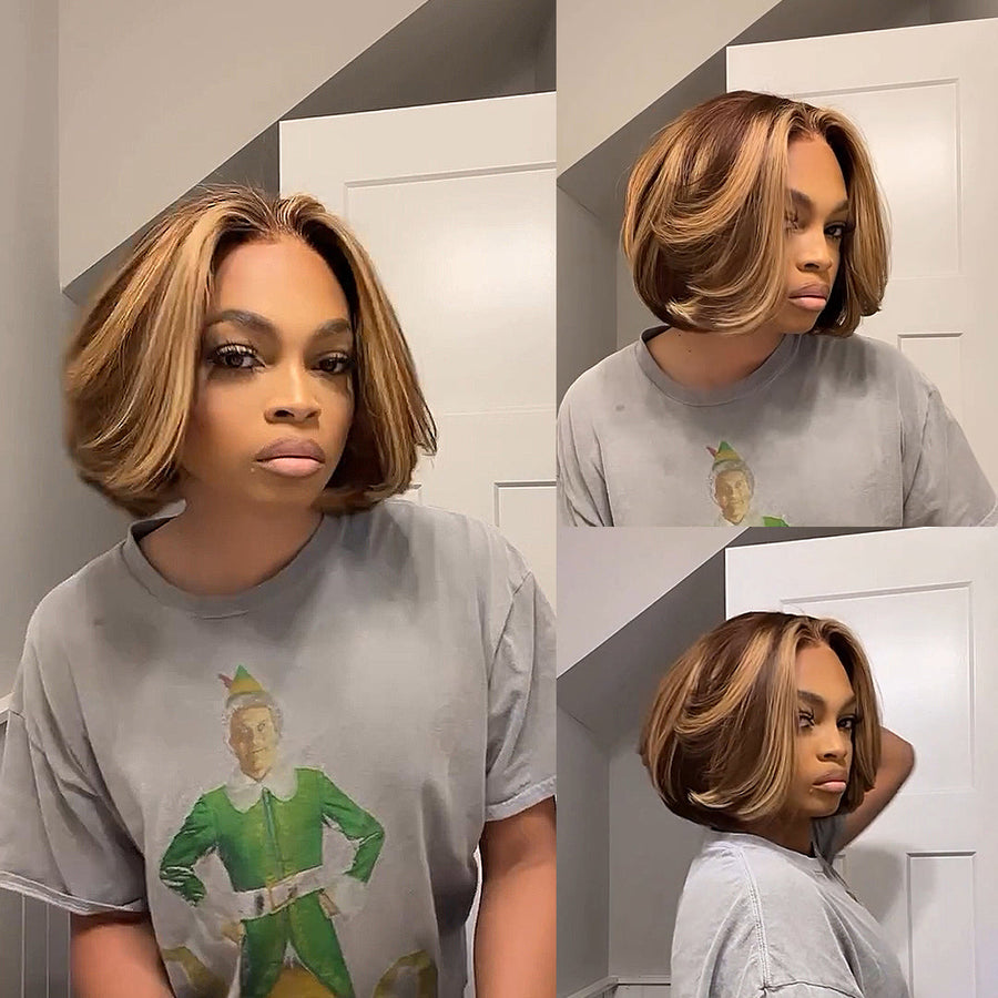 613 Brown With Blonde Highlights Wavy Bob Lace Closure Wig