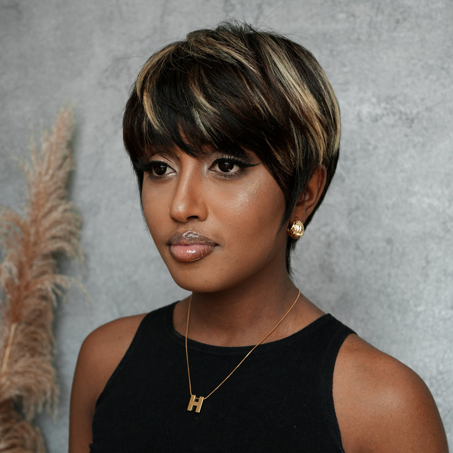 Put On & Go Blonde Highlight Layered Pixie Cut Wig With Bangs