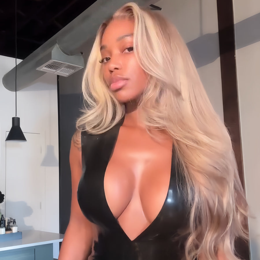 613/Rose Blonde Highlight Body Wave Layered Cut 13x4 Lace Front Wig