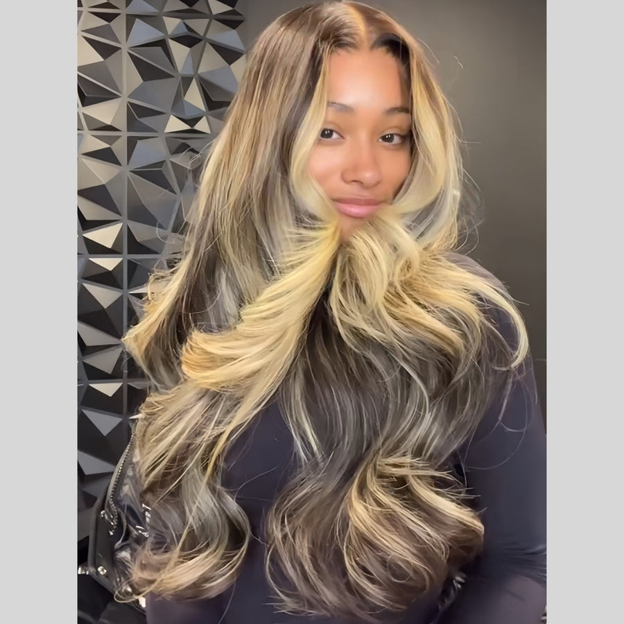 Put On ＆ Go Balayage Blonde Highlight Layered Wavy Lace Closure Wig