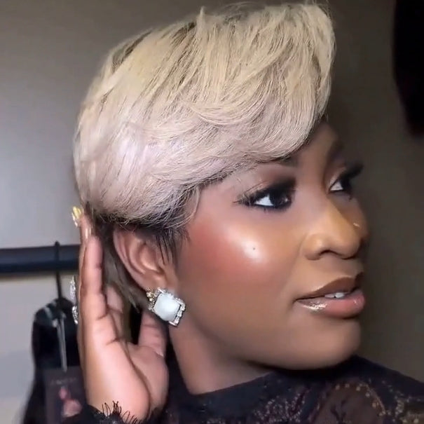 Platinum With Ombre Dark Roots Side parted Pixie Cuts Lace Wig