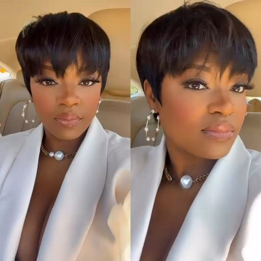 Nature Short Pixie Cut Glueless Human Hair Wig With Bangs