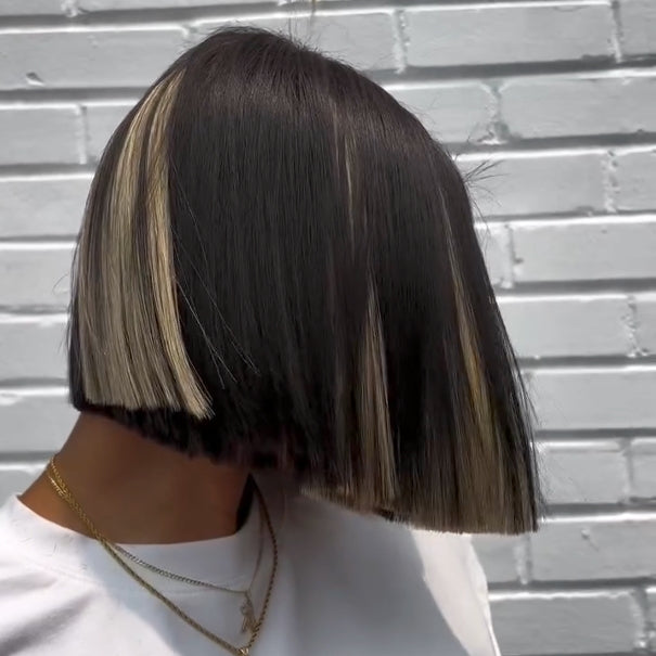 Black With Blonde Highlight Blunt Cut Bob Lace Closure Wig