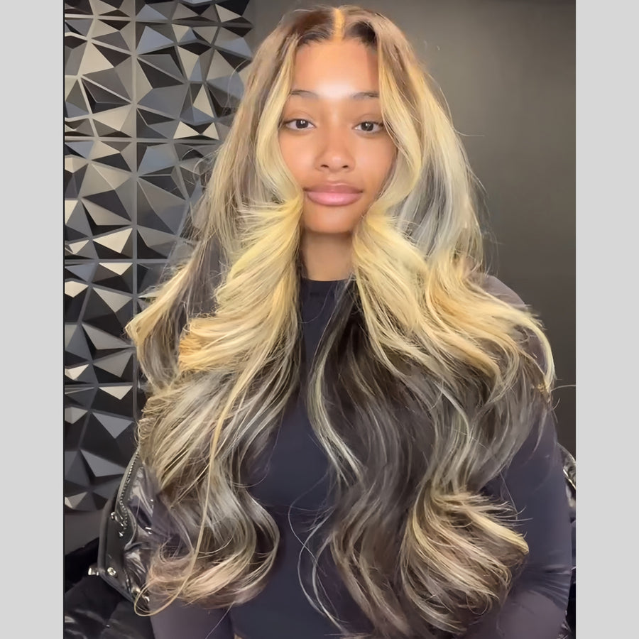 Put On ＆ Go Balayage Blonde Highlight Layered Wavy Lace Closure Wig