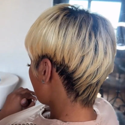 Ombre Blonde With Black Short Pixie Cut Glueless Wig