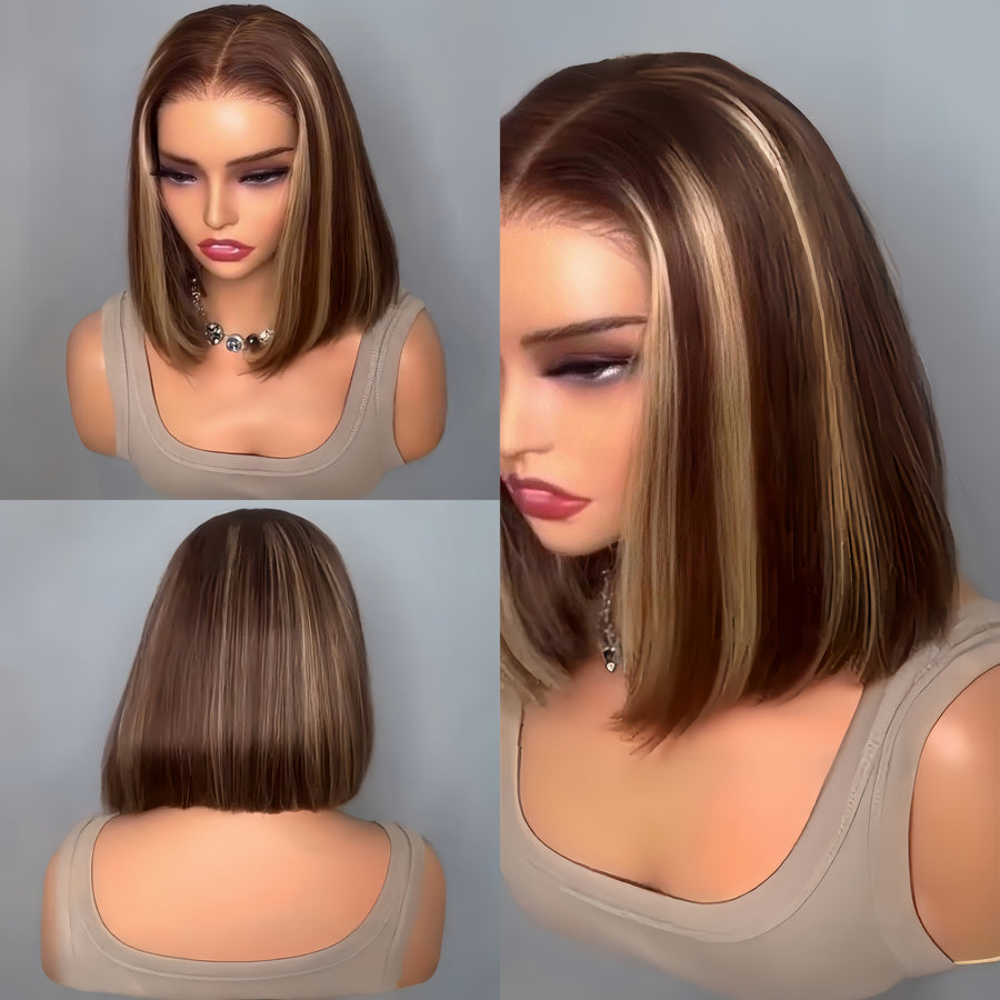 Brown With Blonde Highlight Straight Bob Lace Wig