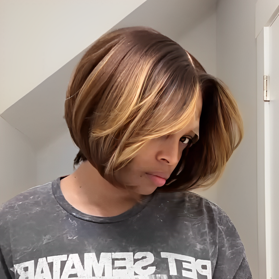 613 Brown With Blonde Highlights Wavy Bob Lace Closure Wig