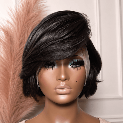 Natural 13×4 Lace Front Short Hair Wig with Side-Part Swoop Bangs