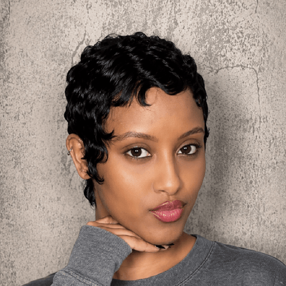 Full Lace Natural Black Soft Wispy Layered Cut Water Wave Pixie Wig