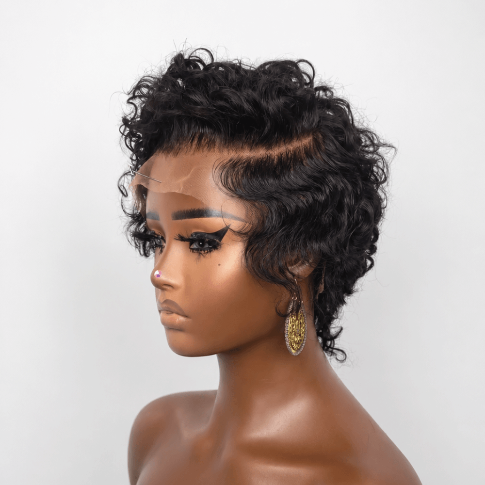 Full Lace Curly Pixie Cut Wig with Side Swept Waves