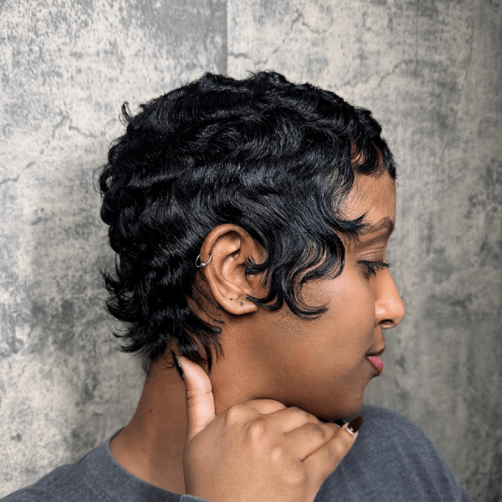 Full Lace Natural Black Soft Wispy Layered Cut Water Wave Pixie Wig