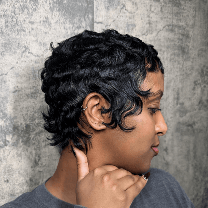 Full Lace Natural Black Soft Wispy Layered Cut Water Wave Pixie Wig