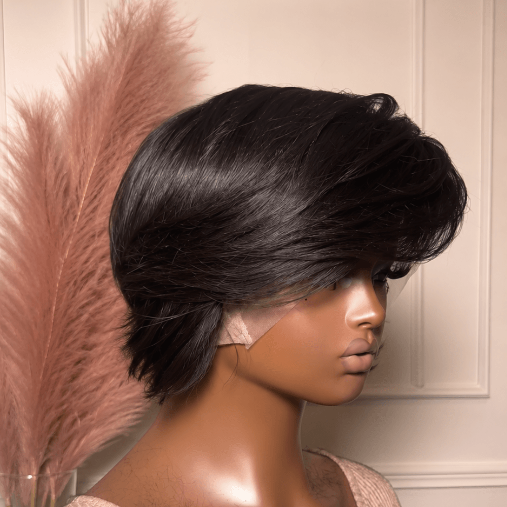 Natural 13×4 Lace Front Short Hair Wig with Side-Part Swoop Bangs