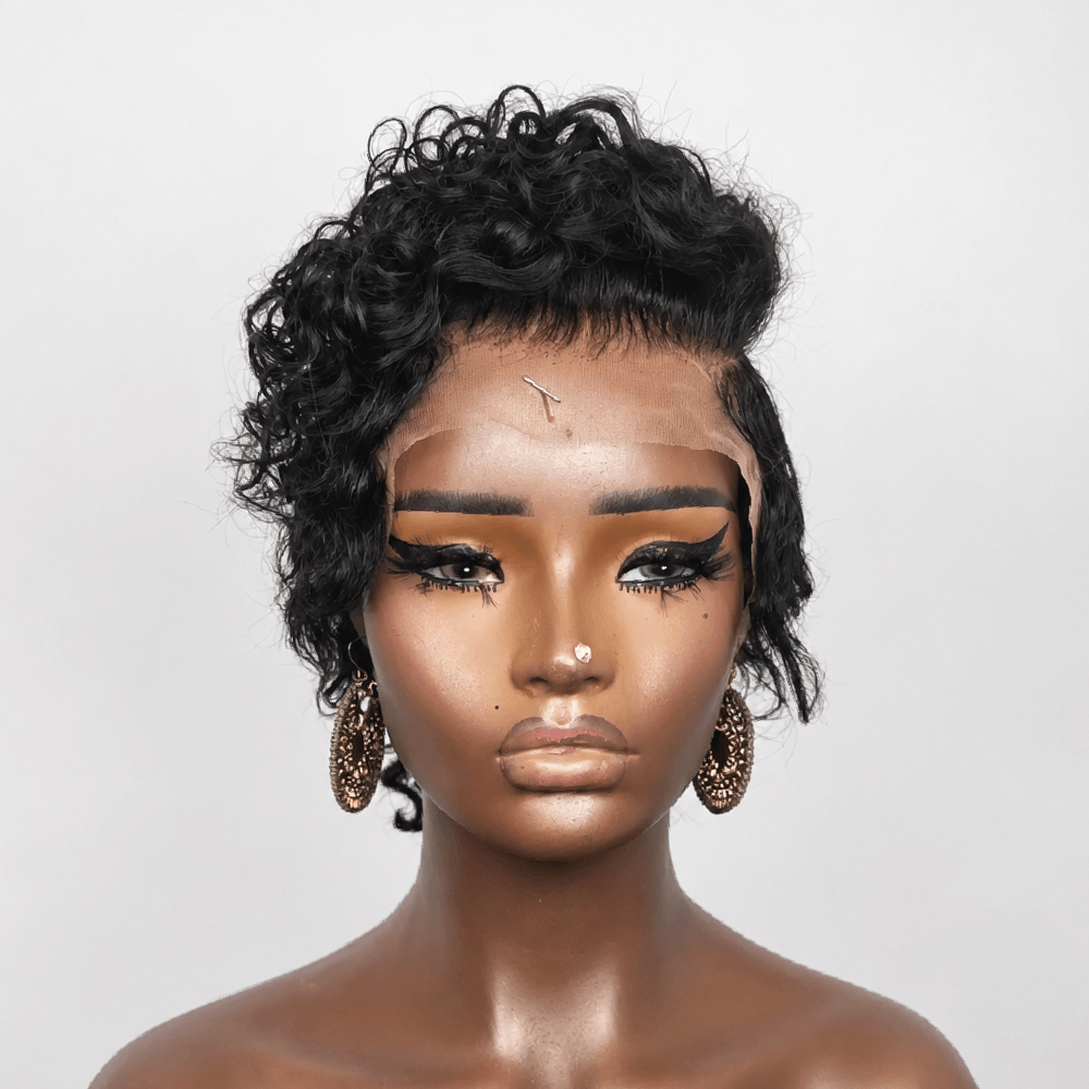 Full Lace Curly Pixie Cut Wig with Side Swept Waves